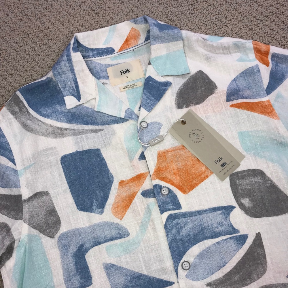 Folk Mens Abstract Print Linen Blend Short Sleeve Camp Collar Shirt Small NWT